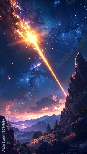 A vibrant cosmic scene depicts a beam of energy shooting from an exploding sun toward a mountain range below