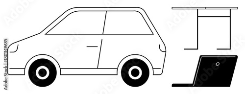 Minimalist compact car with laptop and desk elements representing mobility, technology, and workspace innovation. Ideal for remote work, smart transportation, productivity, innovation, optimization