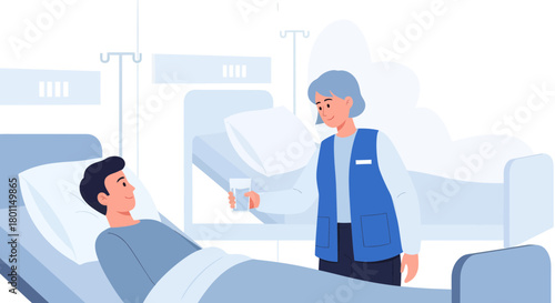 Patient Receiving Medical Assistance From Nurse In Modern Hospital Illustration