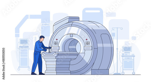 Medical Professional Performing Maintenance on a Modern MRI Imaging Machine