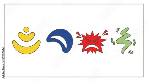 A row of four cartoon-style icons representing different concepts and emotions.