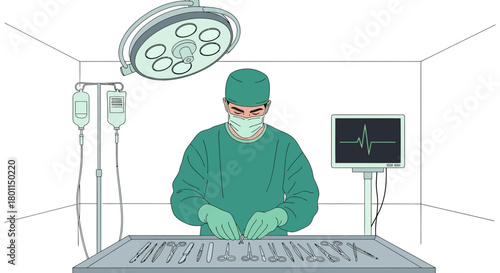 Medical Professional Preparing Surgical Instruments In Operating Room For A Procedure
