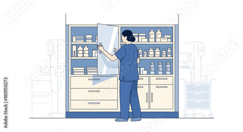 Medical Professional Preparing Medicines From Storage Cabinet For Treatment Procedure In Hospital