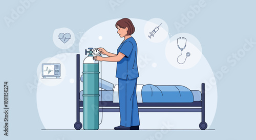 Medical Professional Adjusting Oxygen Tank Near Patient's Bed For Hospital Treatment