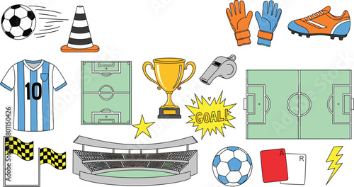 Soccer icons, football graphics, sports equipment, game elements, cartoon style, flat vector illustration, colorful athletic design, match symbols