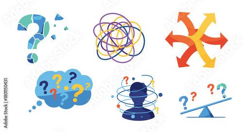 Six illustrations depicting confusion, uncertainty, and decision-making challenges with question marks and tangled lines.