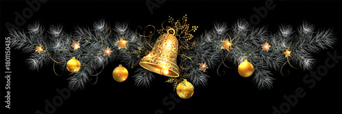 Merry Christmas. Isolated composition of a golden bell and white fir tree branches.