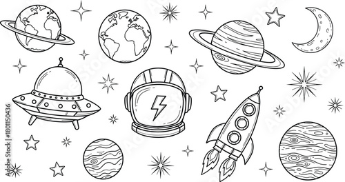 Space icons, celestial elements, astronaut gear, planets and stars, science fiction theme, flat vector illustration, black white line art
