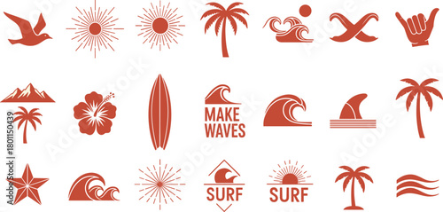 Surfing icons, tropical elements, beach lifestyle, ocean waves, palm trees, sunburst graphics, summer vibes, coastal culture, flat vector illustration