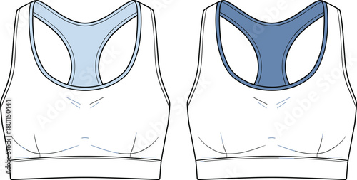 Sports bra sketch, racerback design, athletic wear template, fashion technical drawing, flat vector illustration, garment construction outline