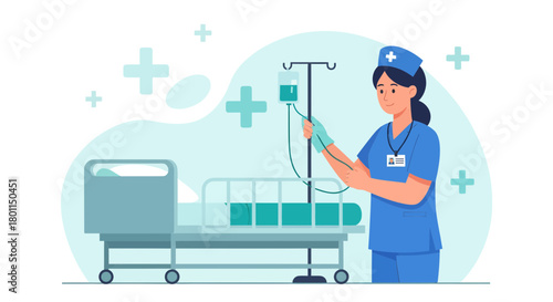 Medical Professional Administering IV Drip Treatment And Caring For Patient In Hospital