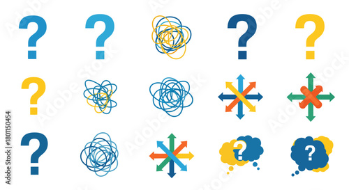 Abstract symbols of inquiry, complexity, and choice, featuring question marks, tangled lines, and diverging arrows on a white background.