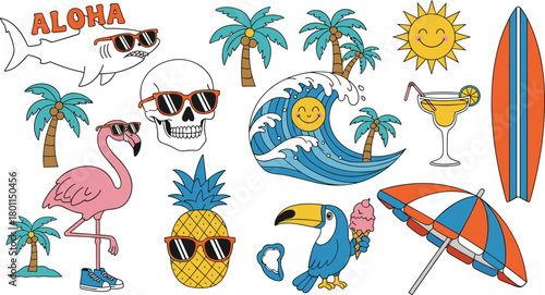 Tropical summer icons, beach vibes, cartoon style, fun vacation graphics, playful elements, flat vector illustration, colorful exotic design