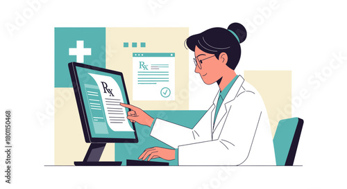 Medical Professional Reviewing Prescription On A Computer Monitor In Clinic Environment