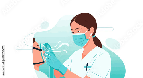 Medical Professional Administering Oxygen Therapy to Patient with Vector Illustration