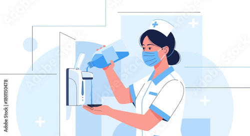 Medical Professional Sanitizing, Healthcare Worker Filling Dispenser With Liquid Solution Sanitizer