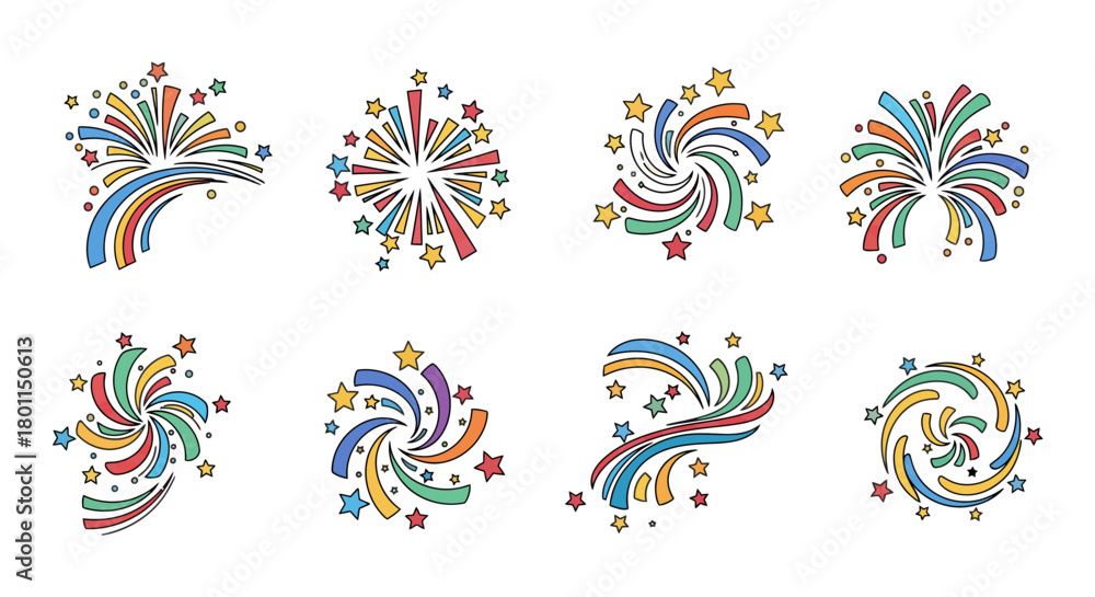 Fototapeta premium Collection of colorful fireworks illustrations, perfect for celebrations, events, and festive designs.