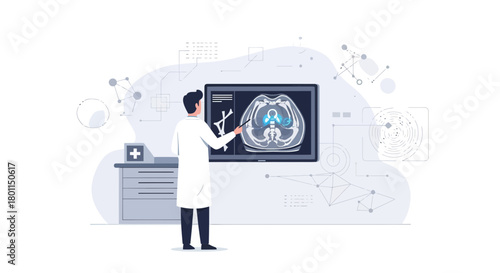 Medical Professional Analyzing An X-Ray Image Displayed On The Computer Screen
