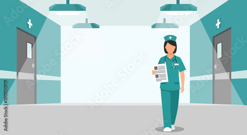 Medical Professional Walking In A Modern Hospital Corridor With Documents In Hand