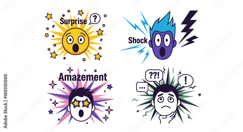 Fototapeta premium A collection of four cartoon illustrations depicting various human emotions and states of mind such as surprise, shock, and amazement with expressive faces and vibrant graphic elements.