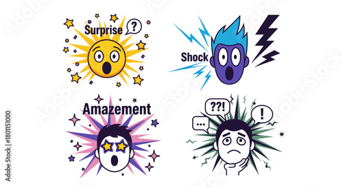 A collection of four cartoon illustrations depicting various human emotions and states of mind such as surprise, shock, and amazement with expressive faces and vibrant graphic elements.