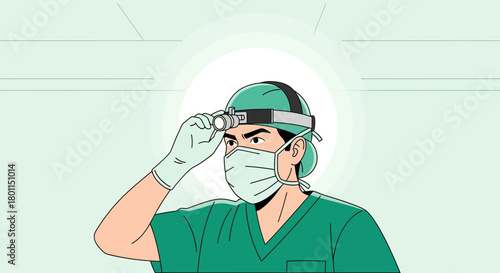 Medical Professional Wearing Surgical Attire, Checking Headlamp, Ready To Operate