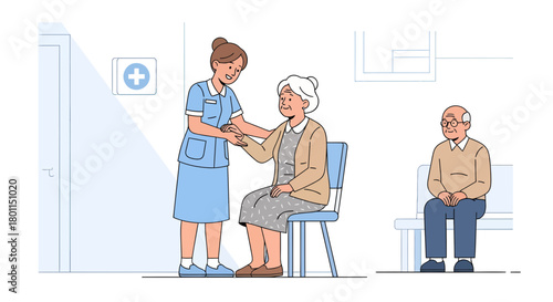 Medical Professional Assisting An Elder In A Healthcare Waiting Room Setting Scene