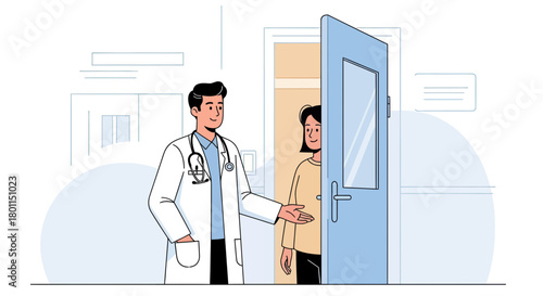 Medical Professional Welcoming Patient Into the Clinic for Consultation or Examination