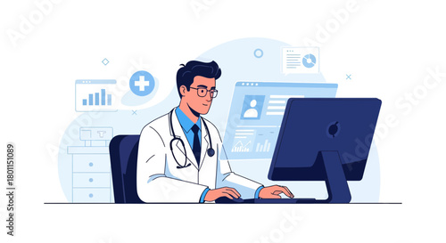 Medical Professional Working On Computer, Medical Analysis, Healthcare Illustration Concept