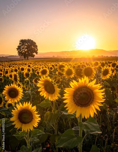 A vibrant field of sunflowers basks in the warm glow of the setting sun, with a lone tree silhouetted against the bright horizon