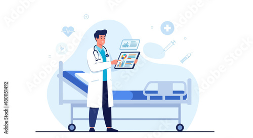 Medical Professional Examining Data on Healthcare Bed and Utilizing Digital Devices