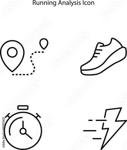 Running icon set. Running sport icon elements. Containing running analysis symbols such as stopwatches, distance, speed, and shoes, vector illustration.