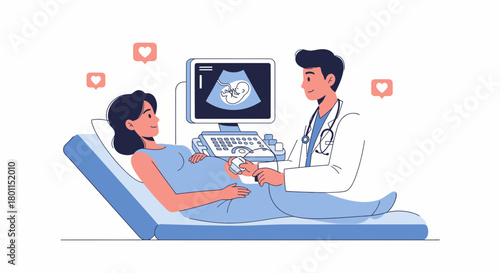 Medical Professionals Perform Ultrasound Scan During Pregnancy Checkup in Illustration