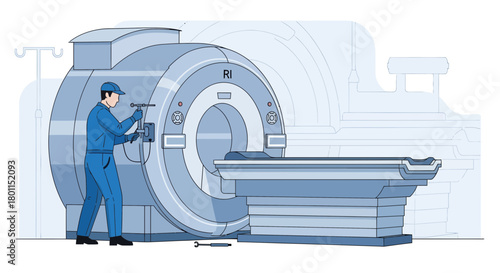 Medical Technician Performing Maintenance on Radiology Machine in Blue Tone Illustration
