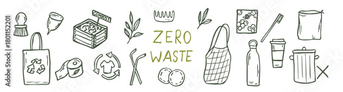 Hand drawn zero waste icons. Doodle sustainalbe living clipart