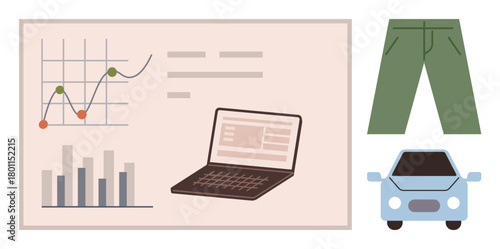 Laptop beside analytics charts with green pants and blue car highlights diverse themes. Ideal for technology, marketing, business growth, consumer goods, retail, transport, modern style. Minimalist