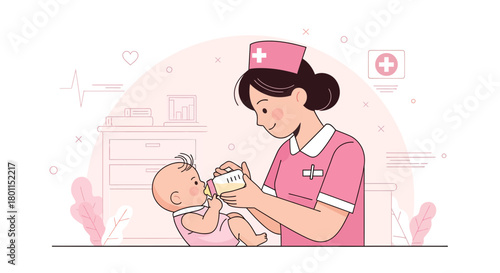 Nurse Caring For A Baby, Feeding With A Bottle And Providing Medical Care Illustration