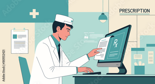 Online Medical Consultation Depicting a Doctor Reviewing a Digital Prescription