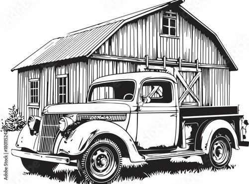 Vintage Truck and Rustic Barn: A classic pickup truck rests in front of a rustic barn, capturing the essence of a bygone era. evoking feelings of nostalgia and simplicity.