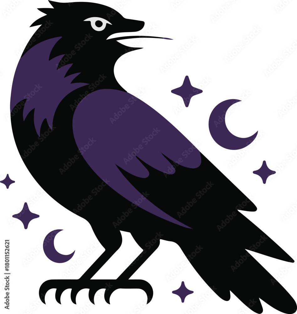 Naklejka premium Mystical black bird vector soaring through a dark night sky with crescent moons and sparkling stars