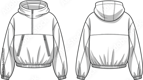 Cad drawing flat vector illustration of long sleeve utility hoodie template with half-zip front, zip pockets, elastic cuff, back seam
