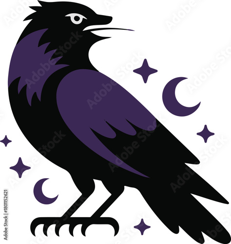 Mystical black bird vector soaring through a dark night sky with crescent moons and sparkling stars