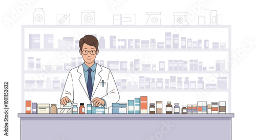 Pharmacist Assisting At A Pharmacy Store With Medicines And Drugs Illustration