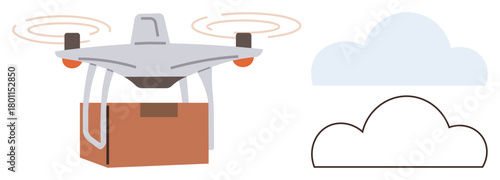 quadcopter carrying a package in flight with minimal cloud elements. Ideal for delivery, technology, innovation, logistics, efficiency, future transport, and business concepts. Simple flat metaphor