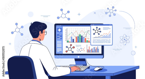 Scientist Analyzing Data In Laboratory In Illustration Style For Medical Research