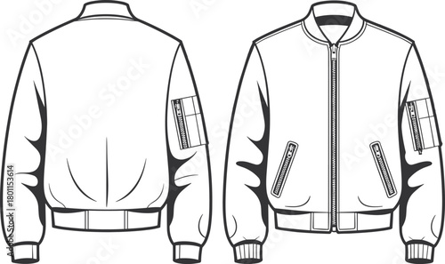 Cad drawing flat vector illustration of men's bomber jacket, front zipper closure, slanted zip pockets, ribbed cuffs and hem, utility sleeve detail