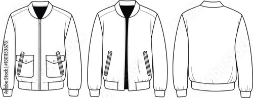 Cad drawing flat vector illustration of men's bomber jacket, zip front, flap pockets with zipper detail, ribbed cuffs and hem, casual fashion design