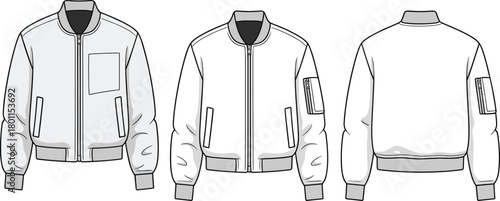 Cad drawing flat vector illustration of men's bomber jacket, front zip, patch pocket, ribbed cuffs, sleeve zipper pocket, casual fashion
