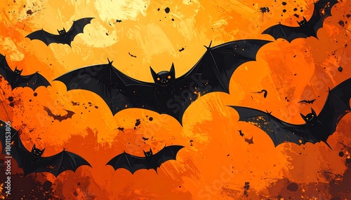 A vibrant orange sky hosts a swarm of silhouetted bats, their dark forms contrasting the fiery background. A few have glowing eyes