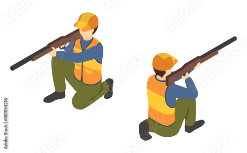 アイソメトリックイラスト：猟友会の猟師